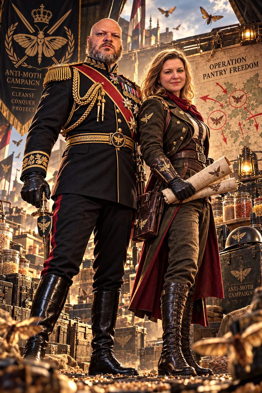 Generał Chrząszcz and his wife, the Supreme Allied Commander, stand together against the Moth Kingdom