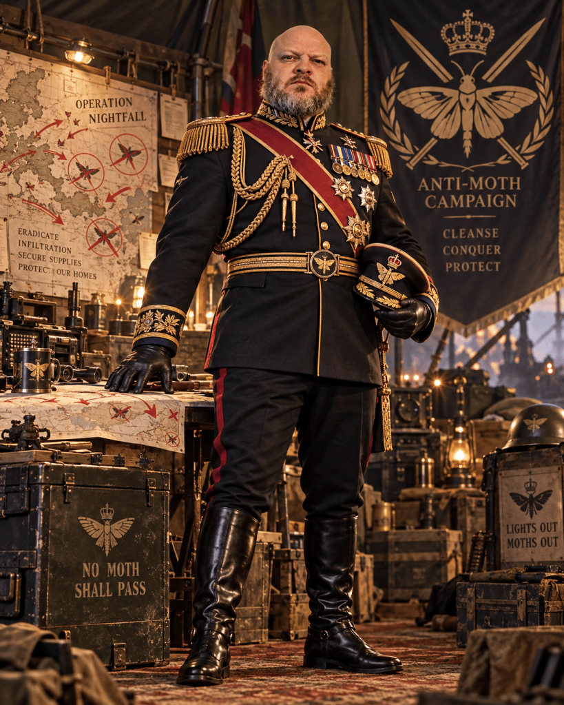 Decorated general of Anti-Moth Allied Command at wartime headquarters