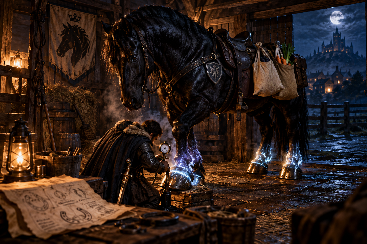 A magnificent black warhorse with glowing enchanted hoof-irons stands in a moonlit stable while a knight tends the front hoof.