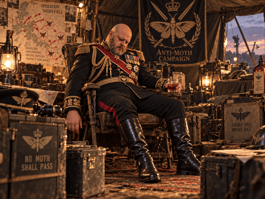 General Chrząszcz exhausted in his command tent, holding a glass of rum