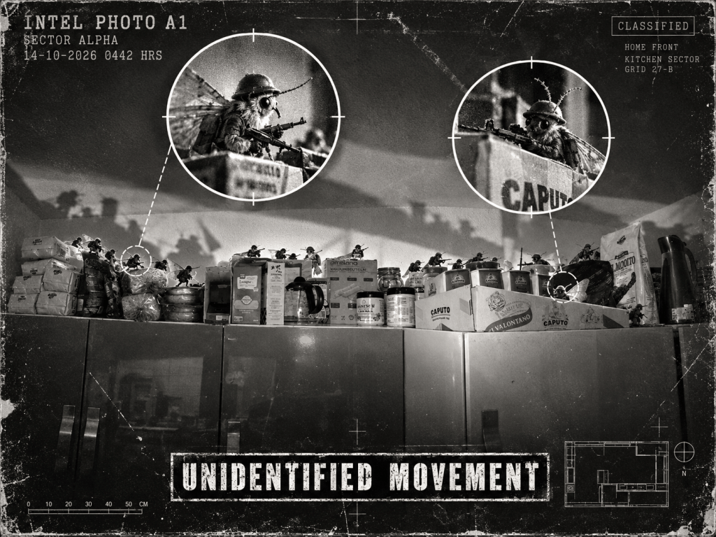 Fictionalized black-and-white reconnaissance photograph showing moth infantry on top of kitchen cabinets