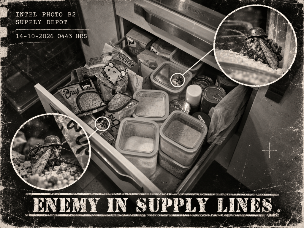 Fictional moth soldier magnified in a black-and-white photograph of a dry-food drawer