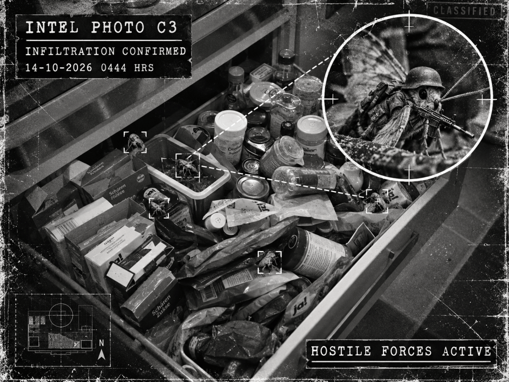 Fictional moth infiltrators marked among assorted packages and jars in a kitchen drawer